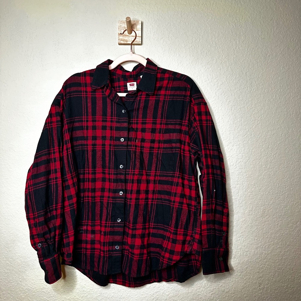 Levis Mens Red Black Buffalo Plaid Flannel Button Down Shirt Large Cabin Classic